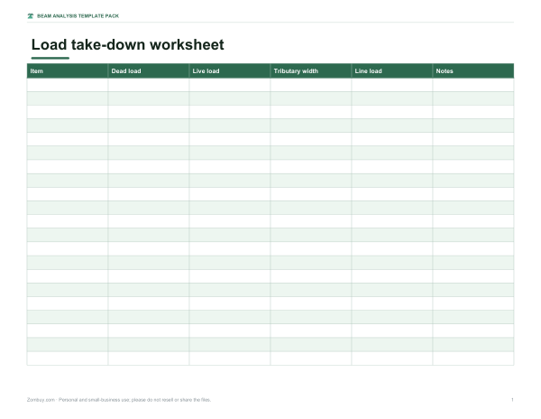 Preview of Printable Load Take-Down Worksheet